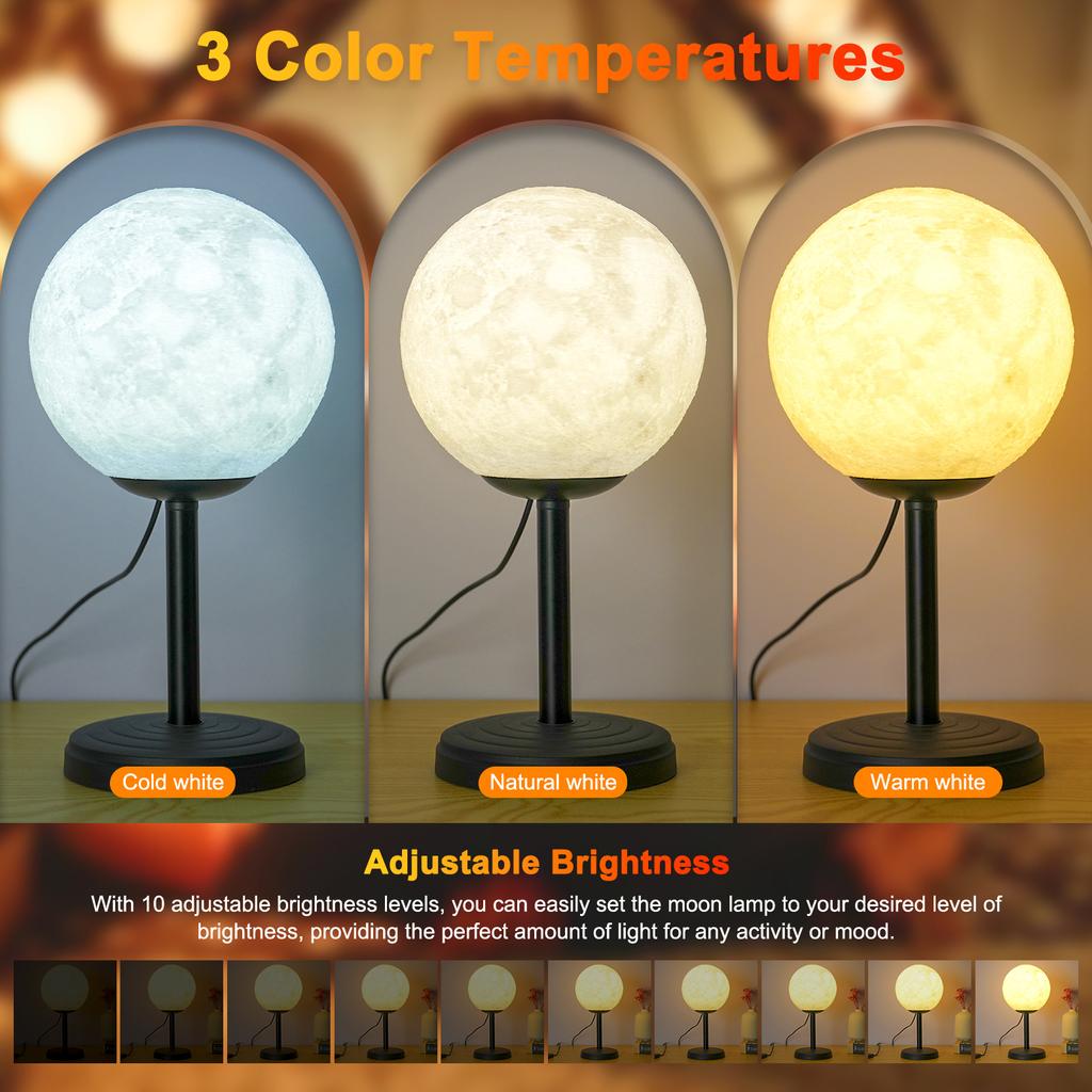 3D Луна Лампа Настольная лампа для спальни Диммируемые ночники на тумбочке Современный светодиодный настольный светильник с 3 цветовыми температурами Ночная лампа USB