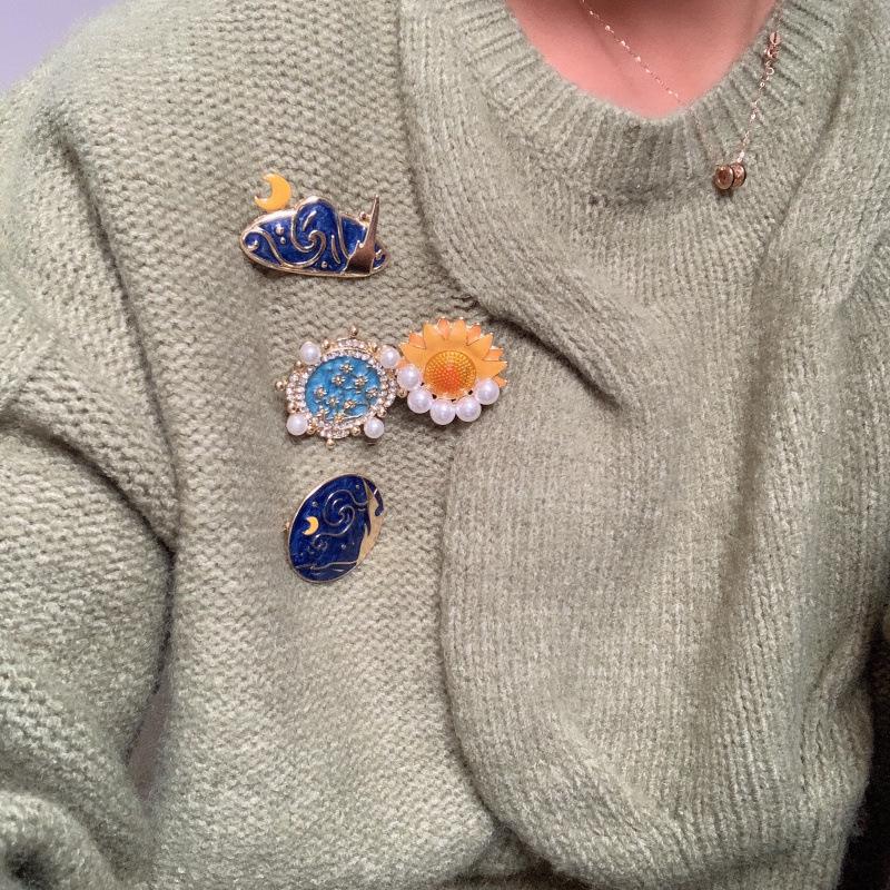 Ретро-эмалевая брошь в стиле Ван Гога: Аксессуар для корсажа с бриллиантами в виде абрикосового подсолнуха, солнца и луны
