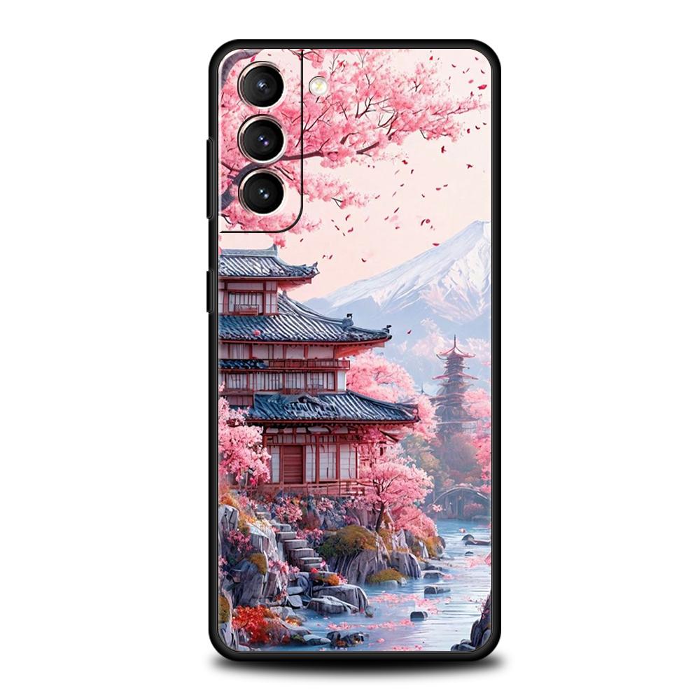 Japanese Style Temple And Cherry Blossoms Phone Case for Samsung Galaxy S25 S24 S23 S22 S20 S21 FE Ultra Plus S25Edge Soft TPU