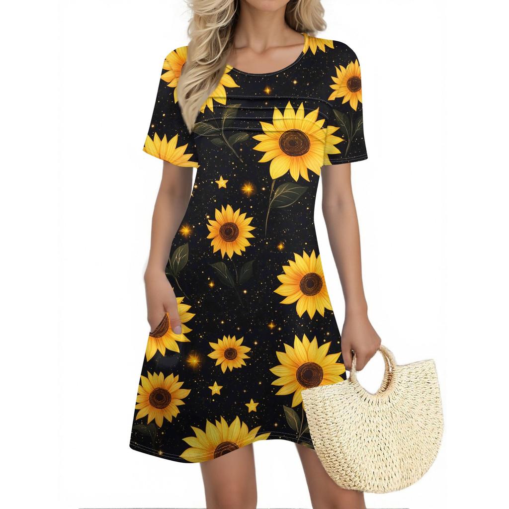 Женские летние платья Женские летние платья с цветочным принтом Повседневные платья с коротким рукавом и круглыми карманами