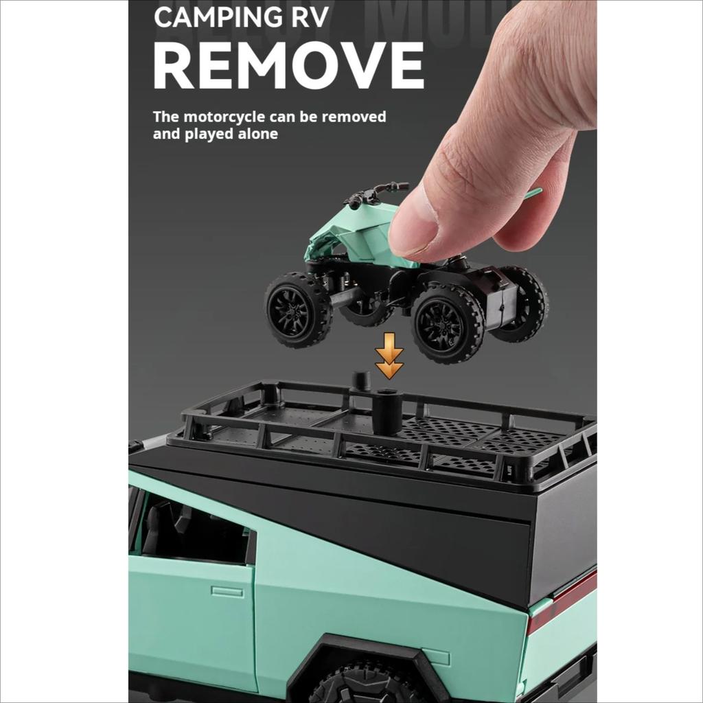 Масштаб 1/24 Пикап Tesla Кемпинг Автодом Модель автомобиля Литой металл Игрушечные транспортные средства Модель автомобиля Звук Свет Коллекция Детская игрушка Подарок