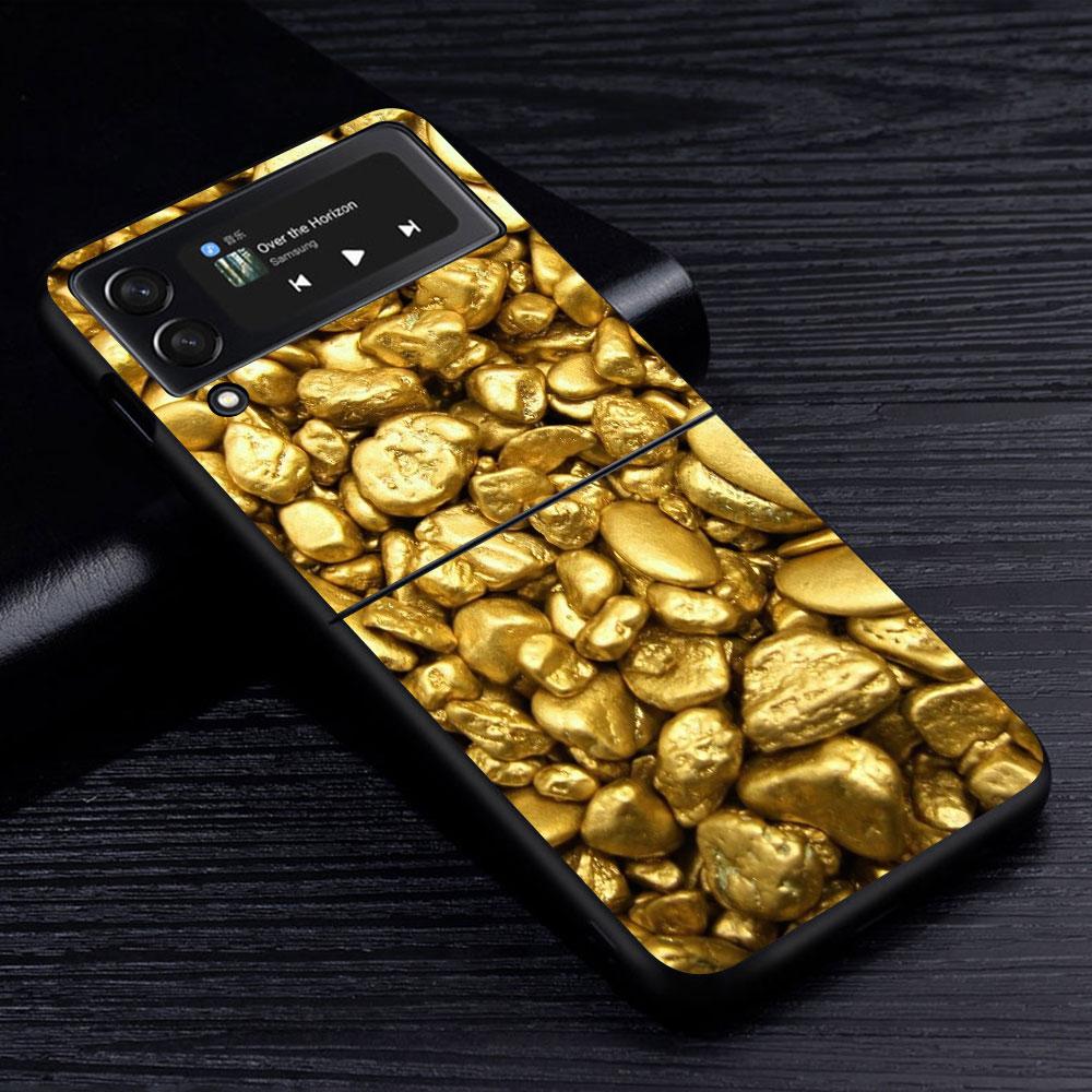 Чехол с рисунком из тонкого золота для Samsung Galaxy Z Flip4 Flip3 5G, жесткий ПК чехол для мобильного телефона Z Flip 4 3, черный Coque Zflip4