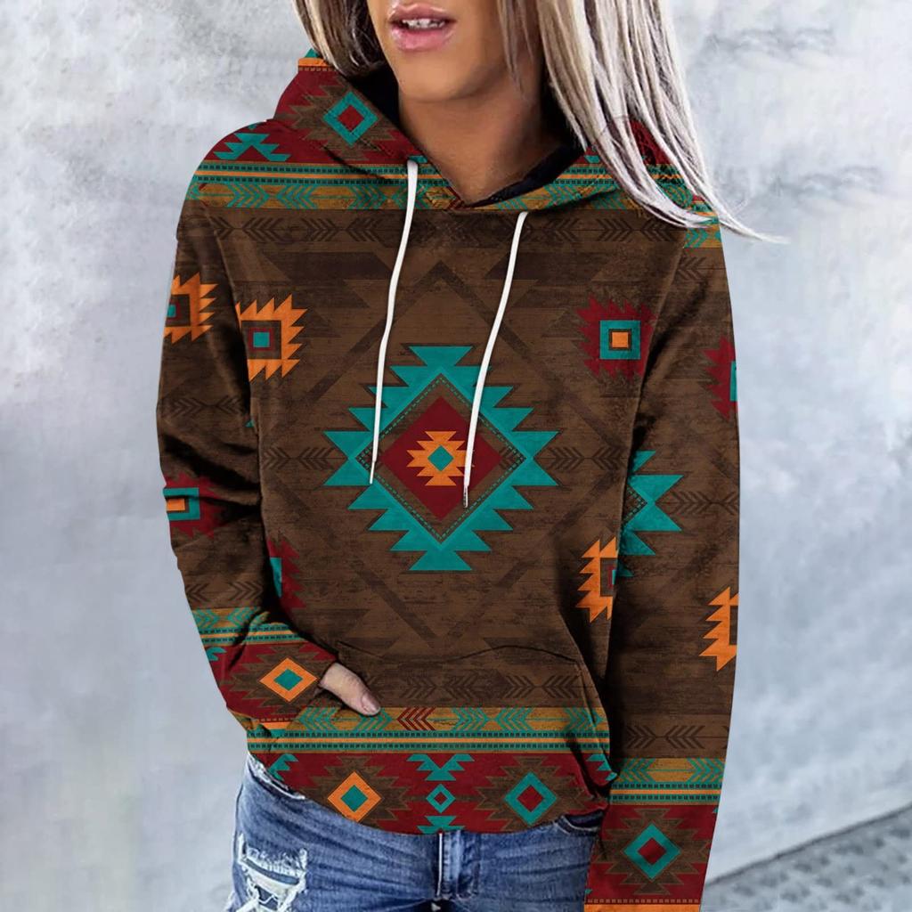 Women's Fashion Casual Ethnic Style Printed Long Sleeved Hooded Sweater Top
