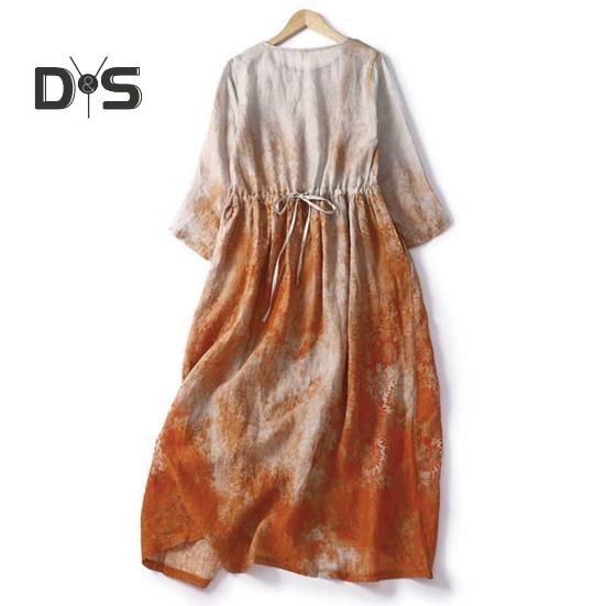 Женское летнее льняное платье больших размеров, повседневное платье-миди с цветочным принтом и круглым вырезом, рукавом 3/4, свободное струящееся пляжное платье-сарафан