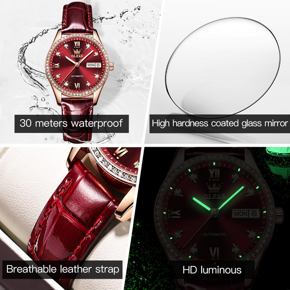 OLEVS Часы Автоматические Механические Часы Кожаные Водонепроницаемые Женские Часы Женские Часы