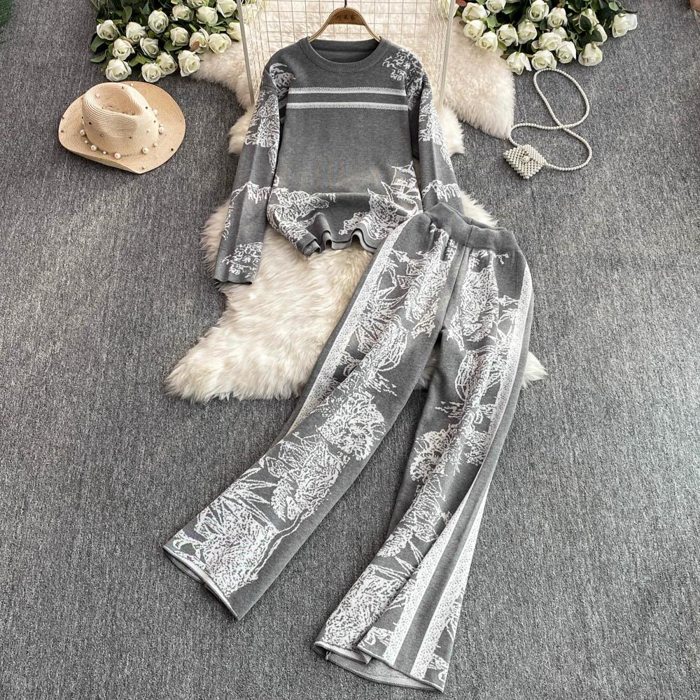 Осенне-зимний элегантный женский комплект одежды для отдыха из 2 предметов, трикотажные брюки, дизайнерский винтажный вязаный свитер с цветочным принтом