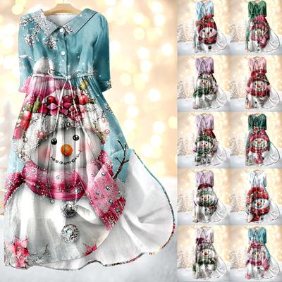 Женское модное платье с рождественским принтом, застегивающееся на пуговицы, с манжетами длиной семь четвертей и бретельками