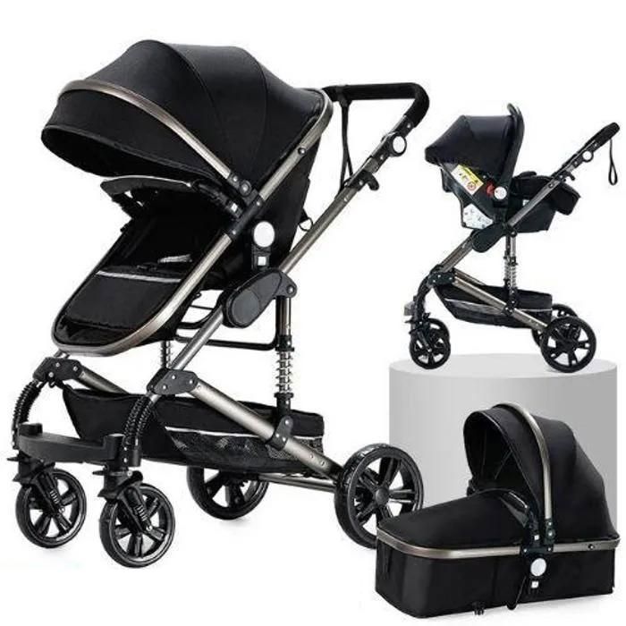 Poussette 3 en 1 Bébé Combinée Siège-Auto Nacelle Réversible Réglable Haute Qualité Roues increvables.Noir et argent
