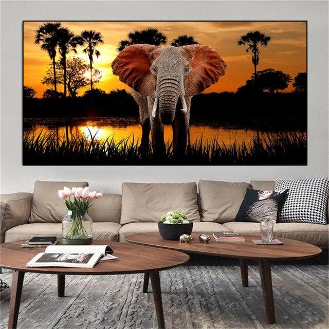 1 шт., прогулочный слон, закат, африканские луга, пейзаж, холст, живопись, постеры и принты, настенная художественная картина, домашний декор, без рамки