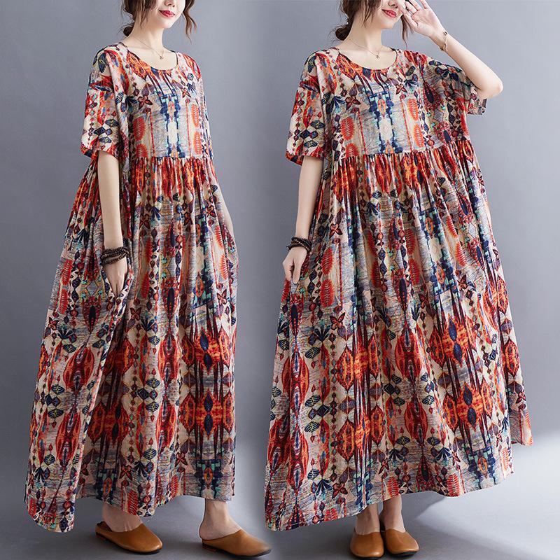 Летнее литературное платье свободного покроя из хлопка и льна с принтом и короткими рукавами для женщин