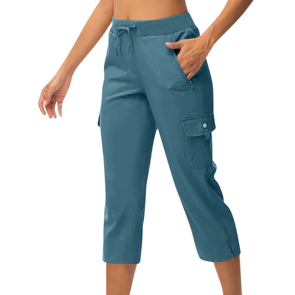 Women's Casual Color Blocking High Waisted Drawstring Pocket Workwear Pants Capris