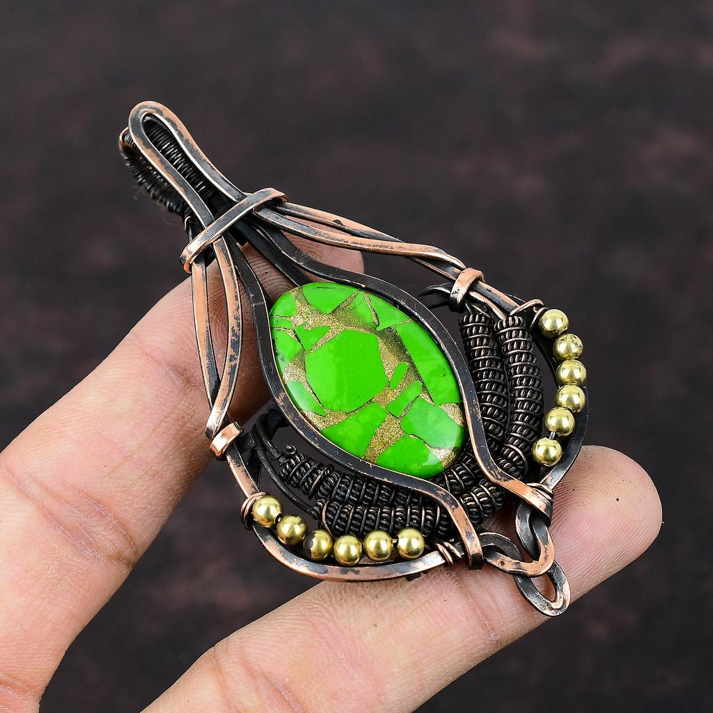 Медный зеленый бирюзовый кулон, медная проволочная обертка, кулон ручной работы, проволочная обертка, драгоценный камень, удивительный медный ювелирный подарок для жены