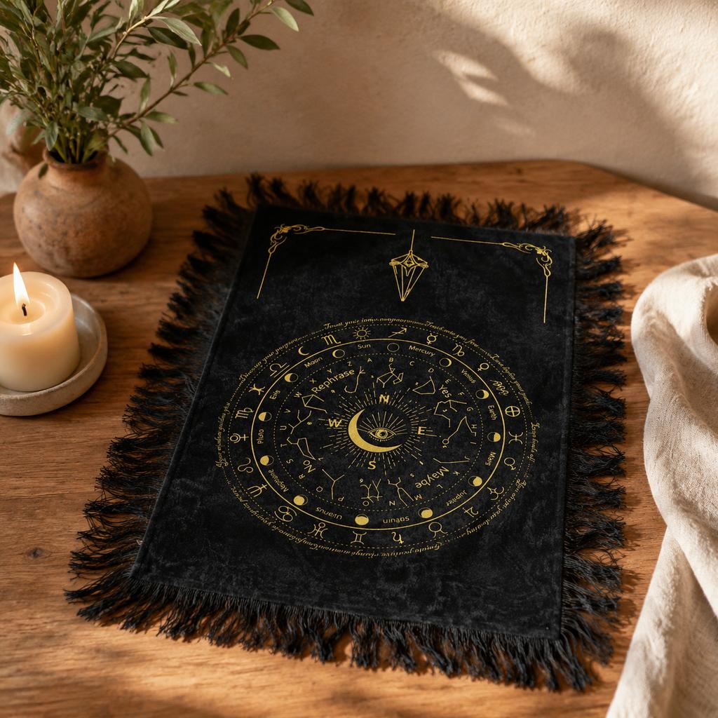 6x Ancient Witch Pendulum Divination Cloth - All Seeing Eye - Black & Gold