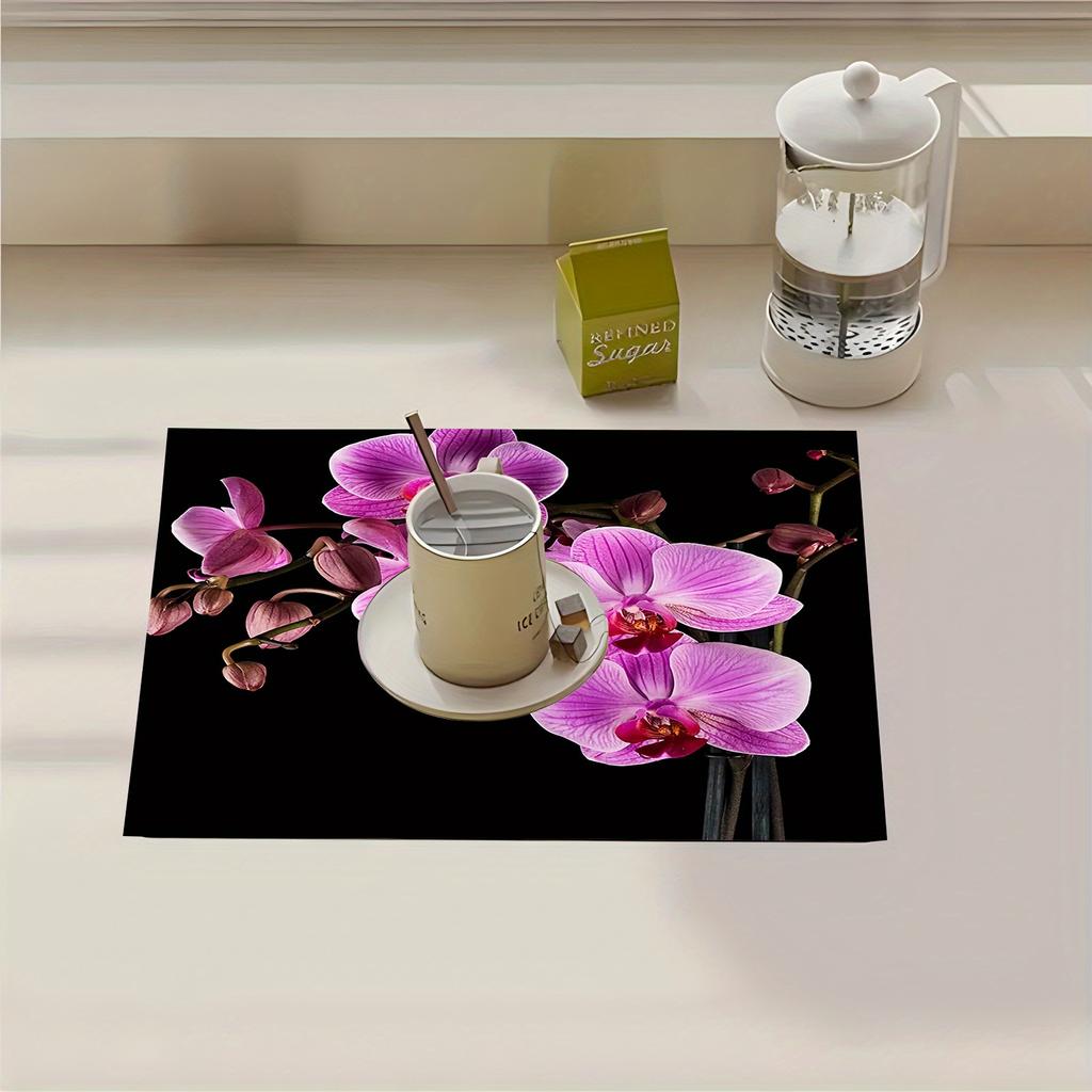 1Pcs Rubber Drying Mat With Retro Moroccan Orchid Print For Coffee Shop Kitchen Carpet Tableware Durable Diatom Mud Table Mat Pet Mat Coffeeware