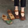 Mixed Colors Genuine Leather Sandals Retro Square Toe Soft Sole Versatile Women's Flat Shoes
