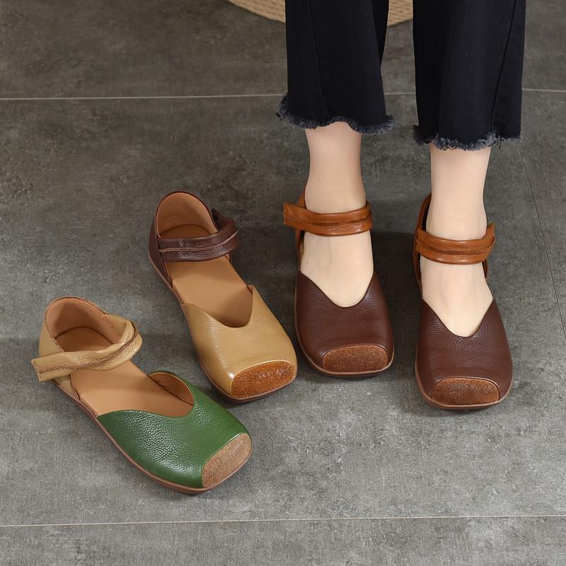 Johnature Mixed Colors Genuine Leather Sandals Retro Square Toe Soft Sole Versatile Women's Flat Shoes