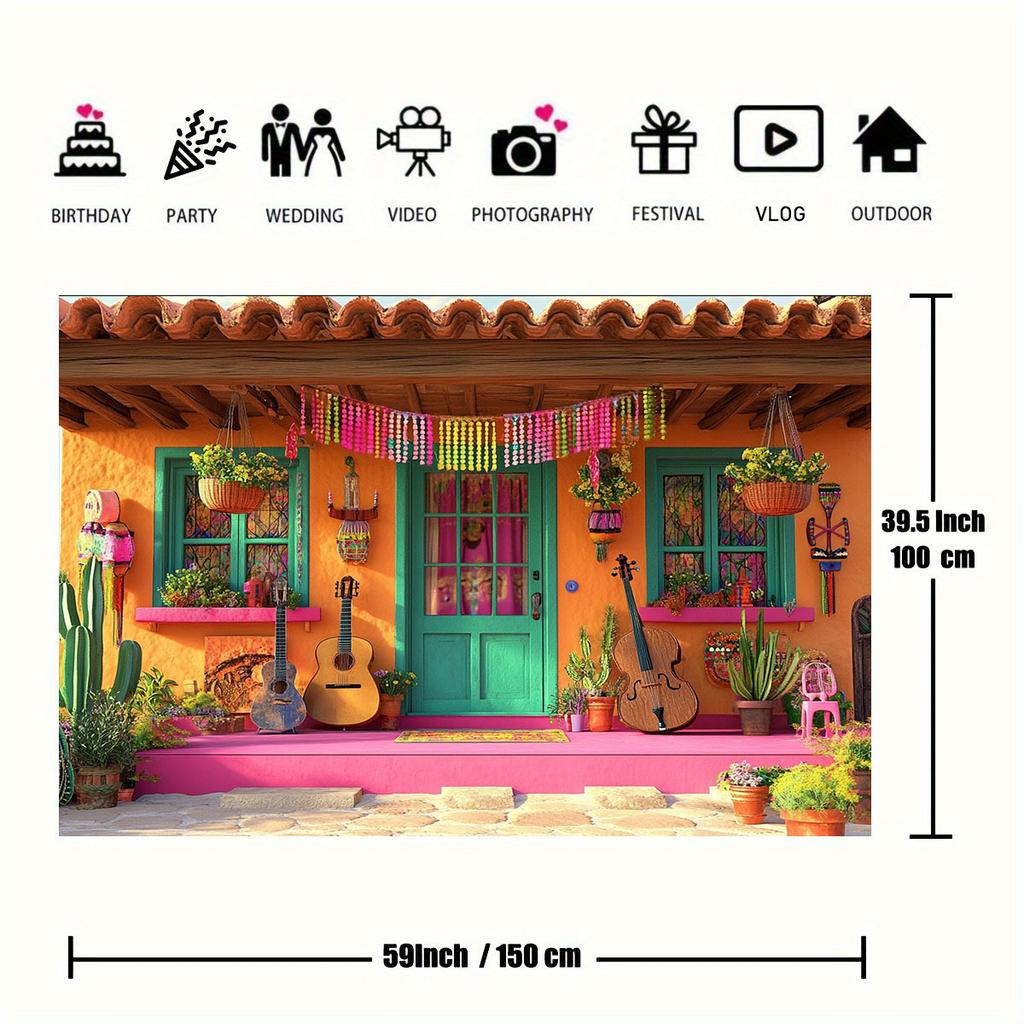 2D flat background fabric for the Mexican Carnival 1-piece - colorful guitars energetic door decorations and cactus motifs