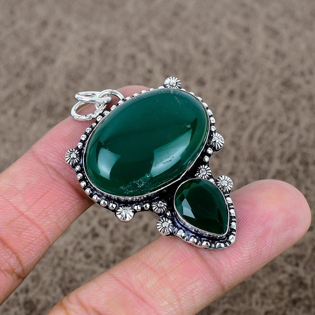 Green Onyx Gemstone Handmade 925 Sterling Silver Jewelry Pendant 2.01" KKG-319