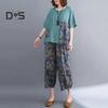2 шт./компл., женская футболка, брюки, комплект с круглым вырезом, короткими рукавами, лоскутный топ с принтом, эластичная талия, широкие брюки, брюки больших размеров, повседневная повседневная одежда, наряд