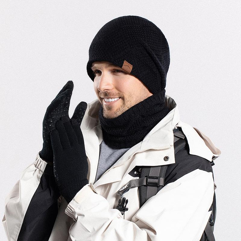 Winter Warm Hat Gloves Scarf Three-Piece Set Winter Men's Outdoor Cold Protection Fleece Knitted Woolen Cap