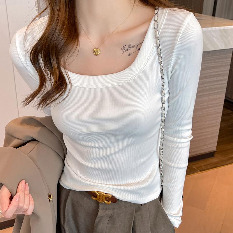 Threaded Square Collar Spring And Autumn Can Be Worn Outside The Top And Inside The Women's High-end Modal Slim Long-sleeved