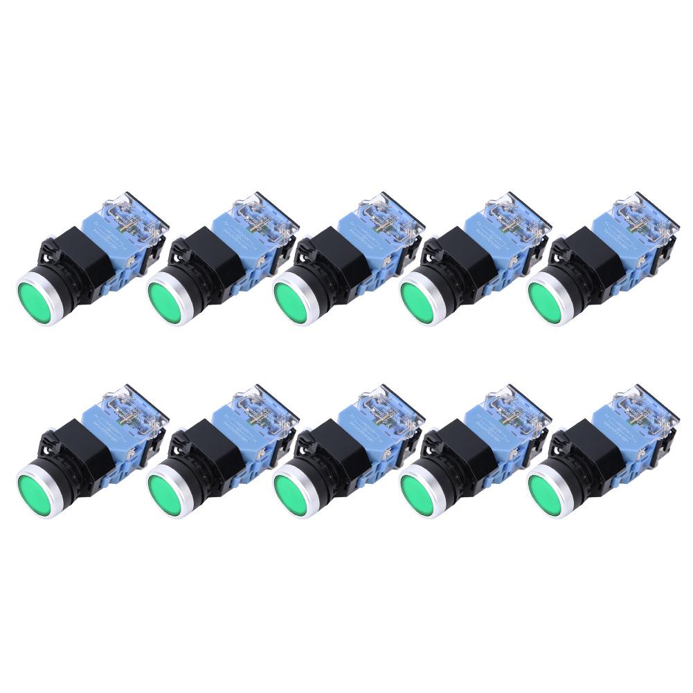 10 Pcs BEM38 11D Self Reset Flat Head Button Switch 1 On 1 Off Button Switch 22mm(Green Light)