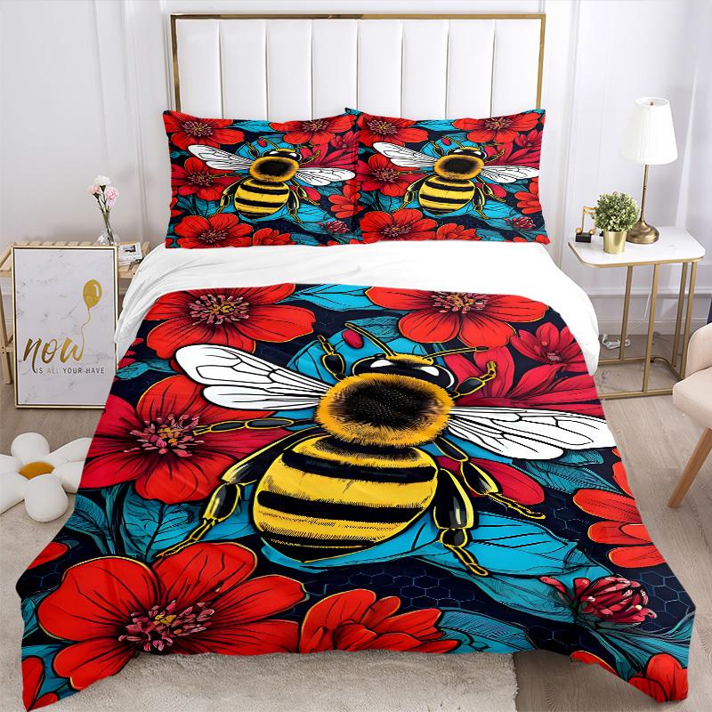 3pcs Bee Print Duvet Cover Set - Includes 1 Duvet Cover and 2 Pillowcases, No Quilt Core, All-Season Home Decor yy251111037