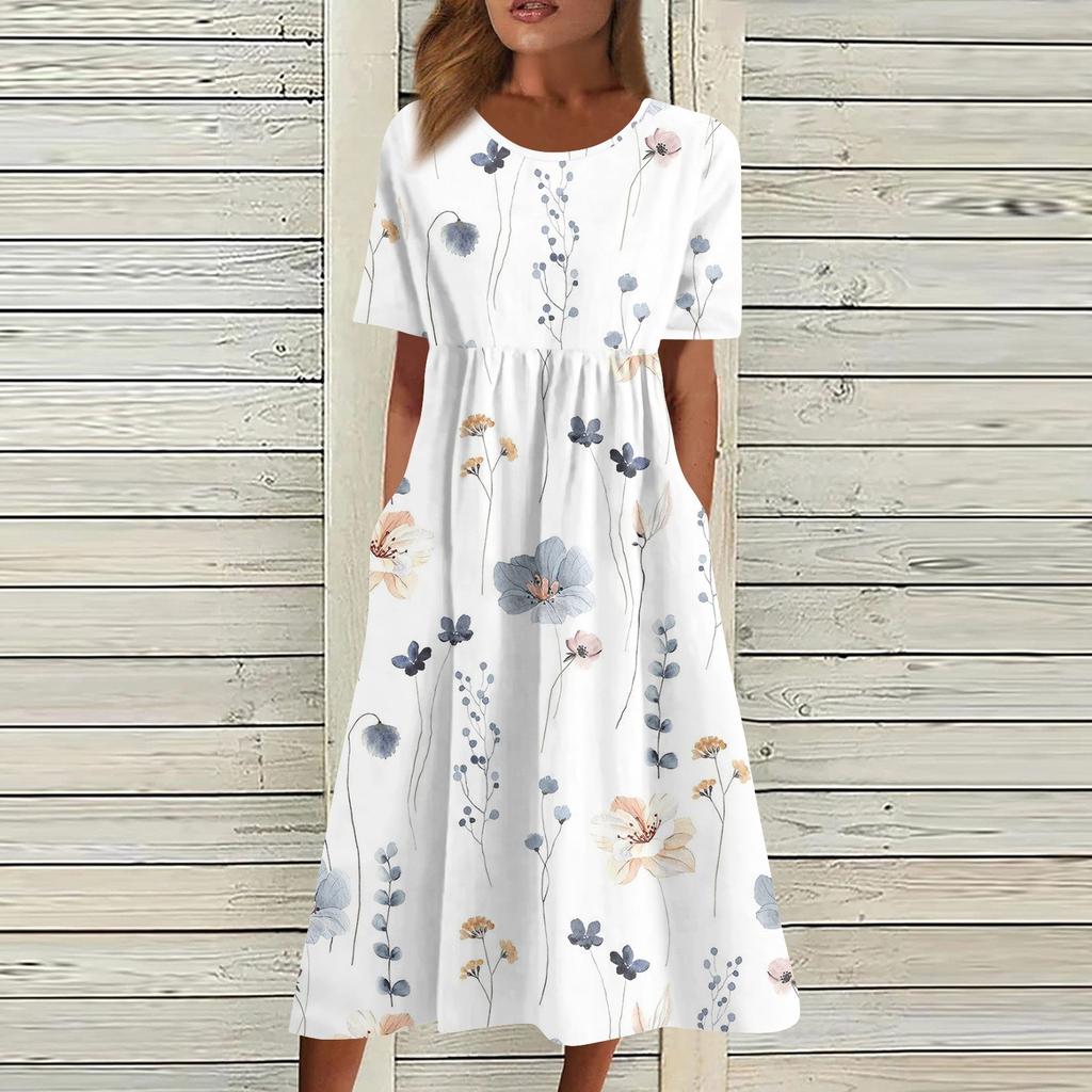 Женское струящееся платье миди в стиле бохо с цветочным принтом, повседневное свободное летнее платье с коротким рукавом для пляжного отдыха и карманами