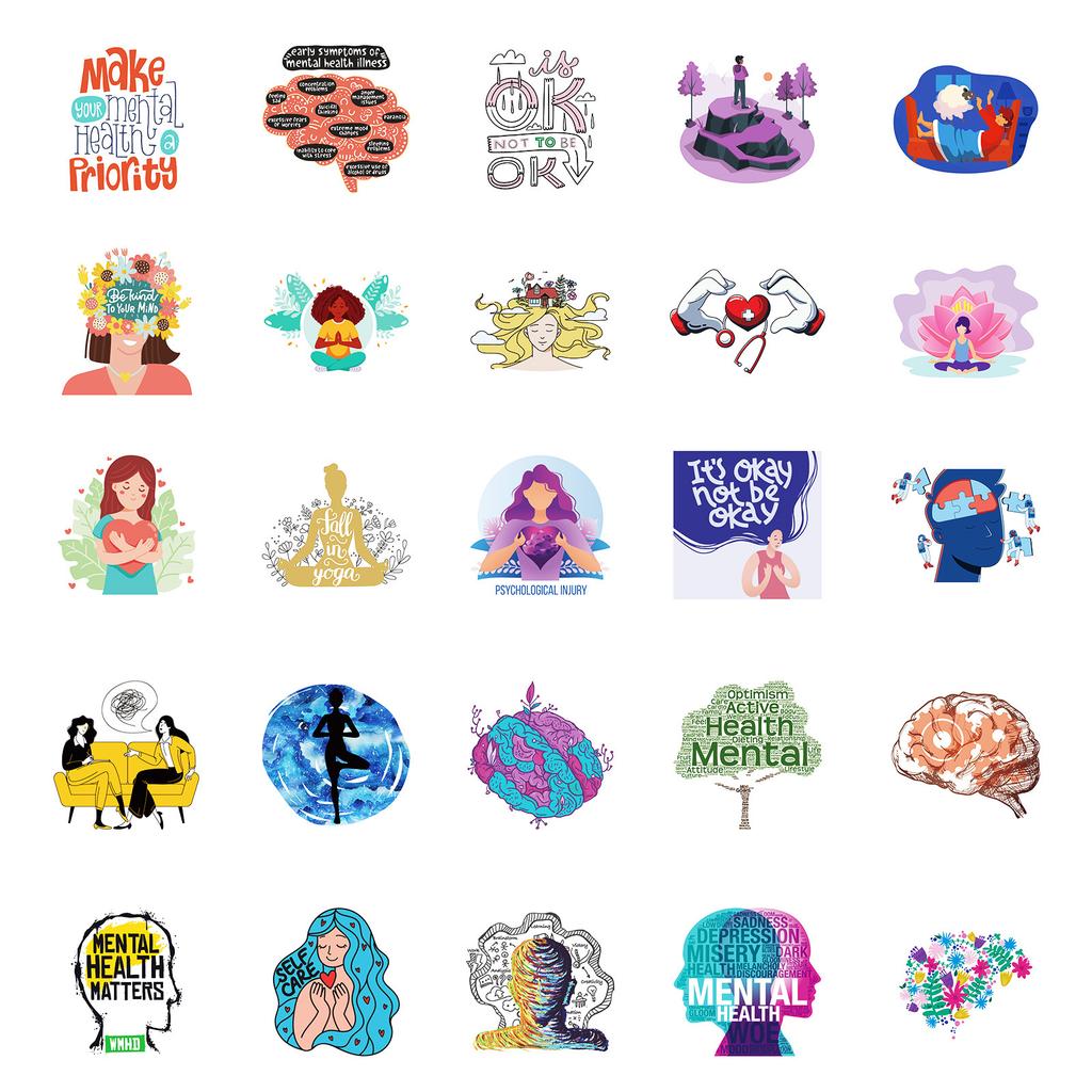 50 Hand Painted Mental Health Graffiti Decorative Stickers Diy Skateboard Water Cup Flat Decorative