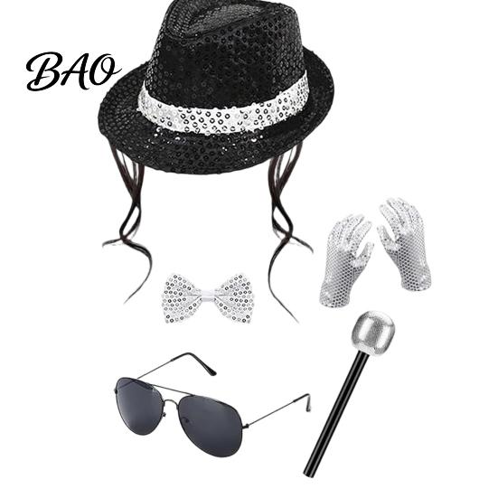 Glitter Sequin Hat Pop Rockstar Costume Set for Adults, Black Sequins Hat, Glasses, Gloves, Classic Design Microphone, Role Play Accessories