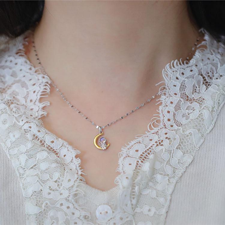 Позолоченное серебро 925 пробы, ожерелье «Лунный астронавт» - Модная, универсальная, эстетичная цепочка для ключицы для женщин