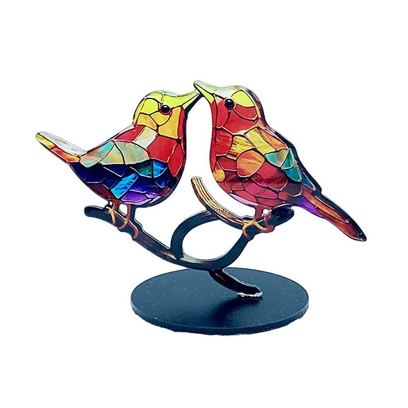 Stained Acrylic Birds On Branch Desktop Ornaments, Double Sided Multicolor Style Birds Craft Statue Desktop Ornaments