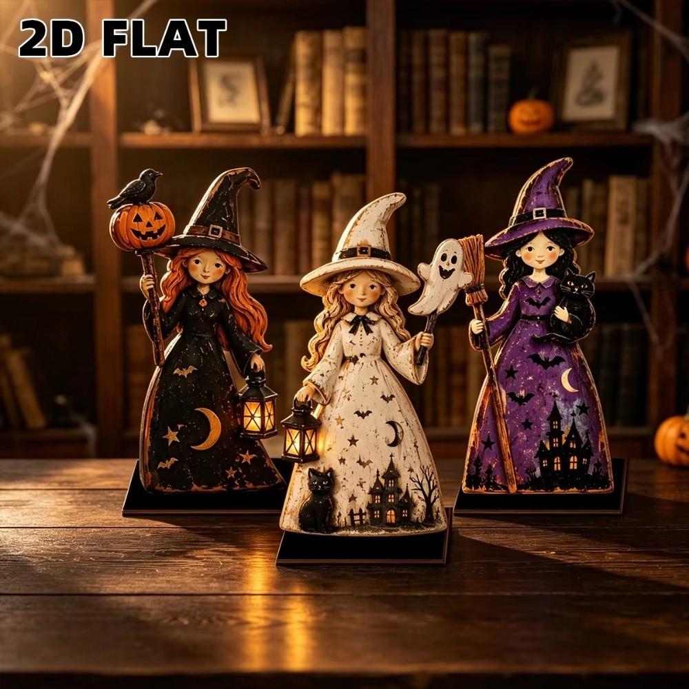 3Pcs Vintage Finish Witch Ghost Tabletop Ornament Stable Base Dog Halloween Figurine Autumn Harvest
