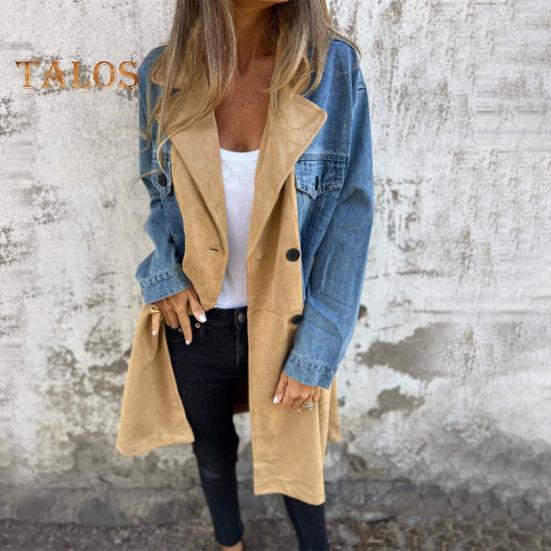 Женское весенне-осеннее пальто, джинсовая куртка, пальто, двубортное в стиле пэчворк с карманами с клапанами, цветное женское пальто средней длины