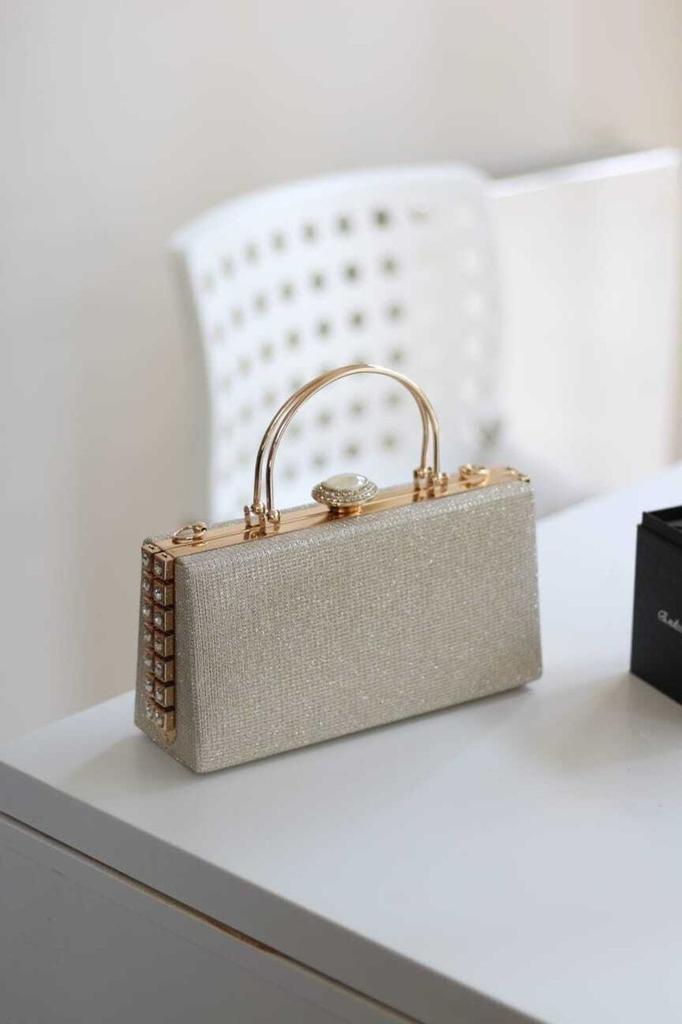 Women's Stylish and Useful Evening Dress Bag Women's Gold Stone Detailed Evening Dress Shoulder Bag with Holder