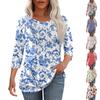 Women's Fashionable Casual Pleated Round Neck Casual Floral Print Seven Quarter Sleeved T-shirt Top