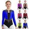 Girls Gymnastics Leotard Long Sleeve Keyhole Back Shiny Rhinestones Figure Skating Bodysuit