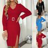 Women's Fashion Sexy Slim And Winter V-Neck Long Sleeve Belt Hip Dresses
