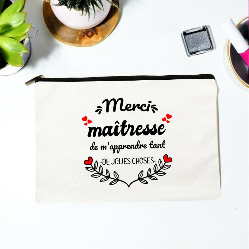 Teacher Superpower French Letter Print Women Cosmetic Bag Canvas Zipper Makeup Pouch Purse Organizer Pencil Bags Toiletry Bag
