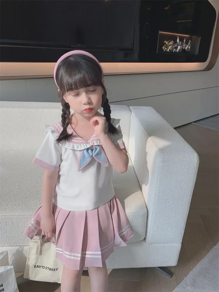 Корейский женский костюм в стиле JK с коротким рукавом для колледжа: Летний комплект из двух предметов: юбка в складку и рубашка для детей