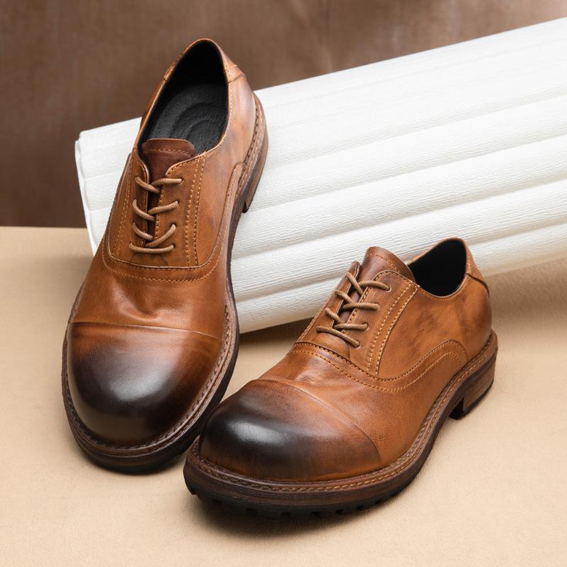 British Retro Handmade Casual Leather Shoes Men'S Leather Round Head Business Dress Commuter Leather Shoes Wedding Shoes Tooling Shoes Soft Sole