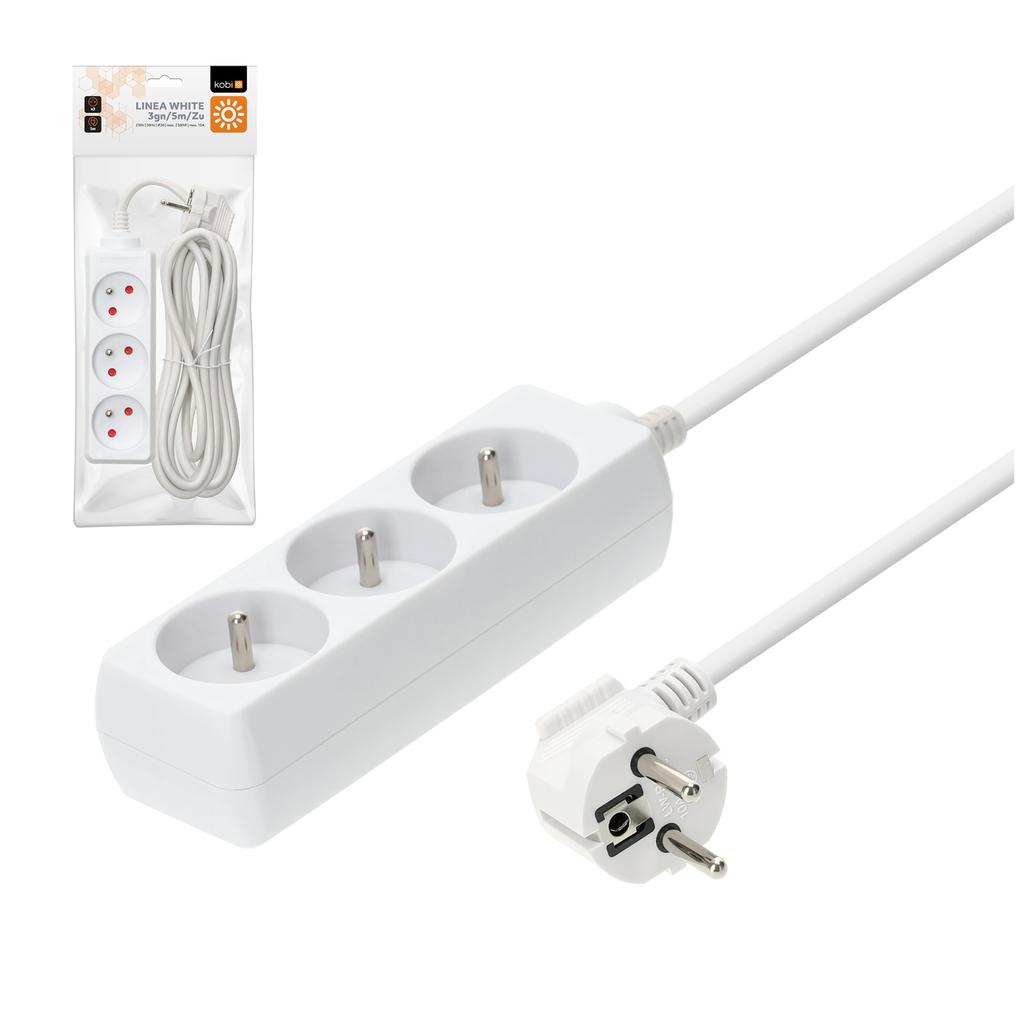 Home extension cord, 3 sockets, 5 , with grounding, white