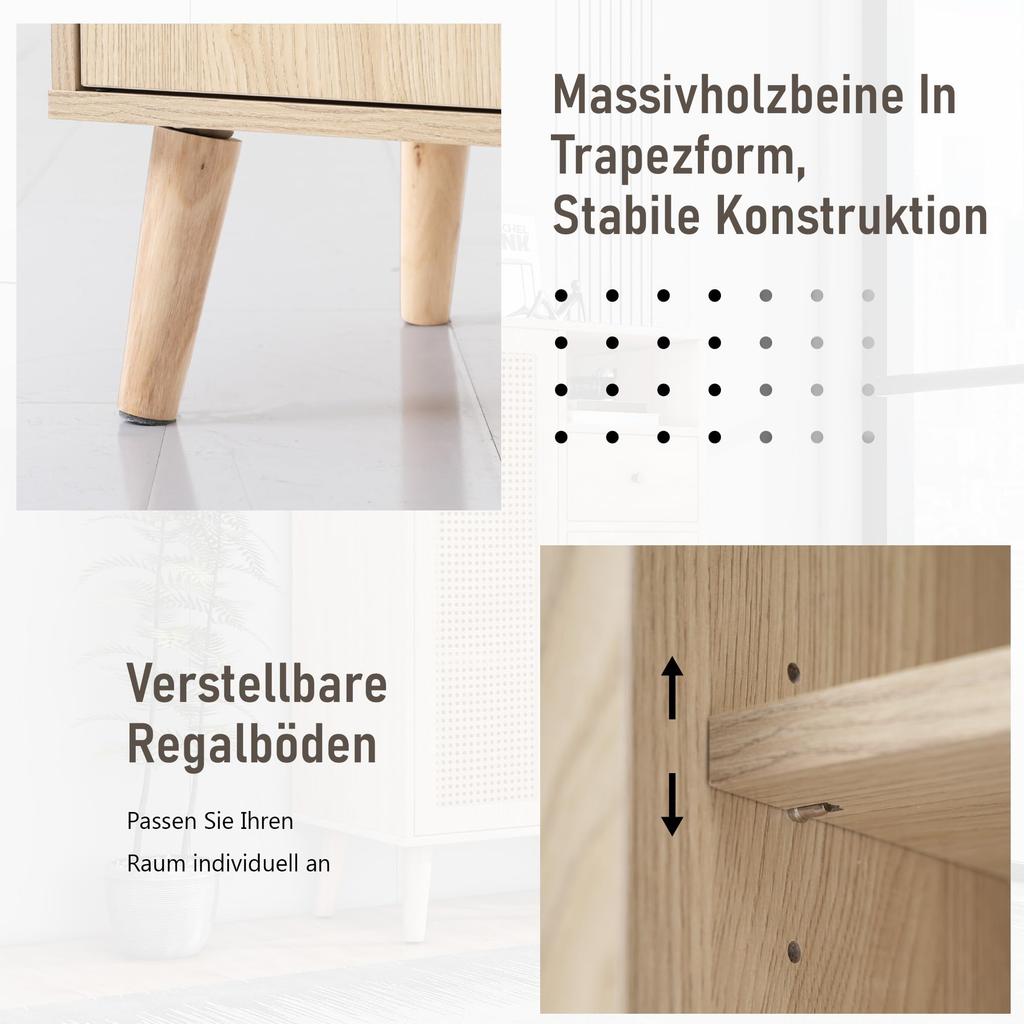 Chest of Drawers Doors, Drawers, Open Storage Compartments, Modern Highboard Made of Wood Rattan Doors, Bedroom, Living Rooms, Office, Oak, 60x40x101cm