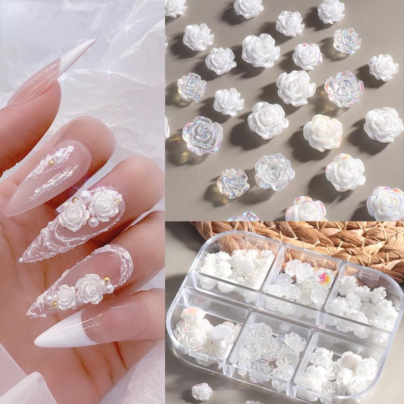 White Aurora Camellia Nail Art Jewelry Acrylic Resin Flowers Design Elegant Wedding Charms Accessories Rhinestone Decor
