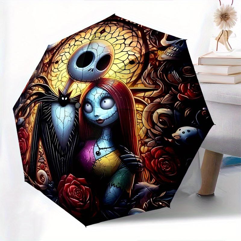 Jack Skellington, Sally Automatic Opening and Closing Umbrella - 8 Ribs Portable Folding Umbrella with Plastic Handle, Suitable for Leisure