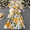 Summer Sleeveless V Neck Holiday Yellow Rose Floral Print Long Dresses Women's Tank Slim Waist Evening Party Gowns Robes