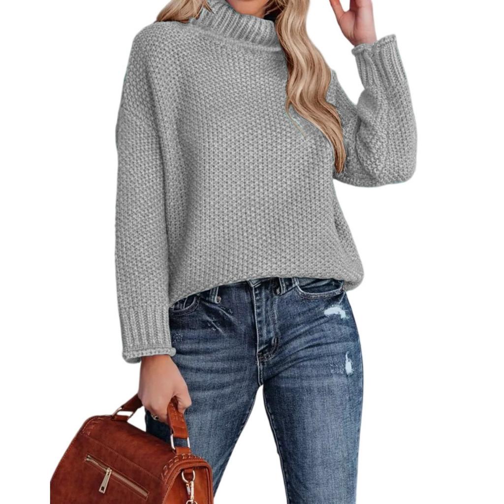 Модный женский вязаный свитер с высоким воротником, длинными рукавами и подвернутым краем