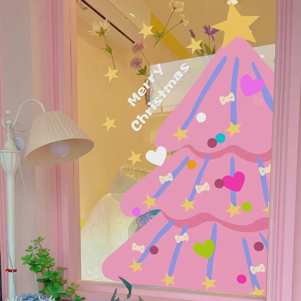 Розовые рождественские наклейки на окна 2025 года — дизайны снежинок и деревьев для стекла и дверей