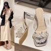Темпераментные трендовые с кристальными толстыми каблуками крутые шлепанцы женская летняя обувь 2025 новые модные с квадратным носком с открытым носком красивые высокие каблуки