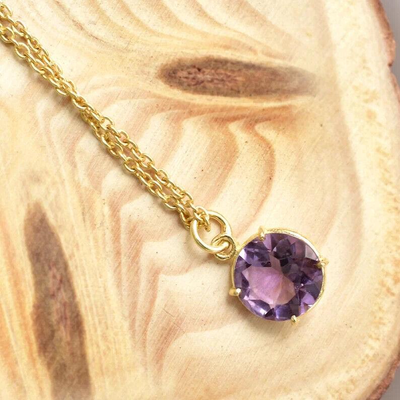 Amethyst Necklace, Purple Stone Necklace, Prong Set Pendant, Amethyst Pendant,